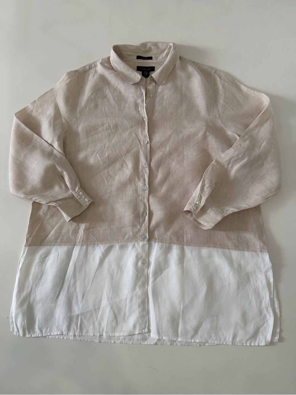Tahari Women’s 100% Linen Light Beige Button-Up Shirt 2X Long Sleeve Tunic